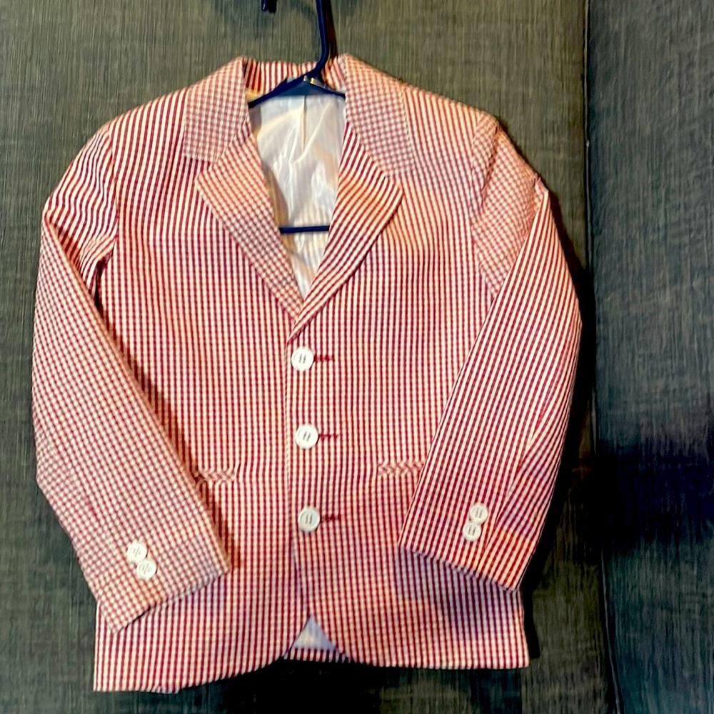 Boys size 7 Dark Red White seersucker gingham sport coat blazer. New w/o tags